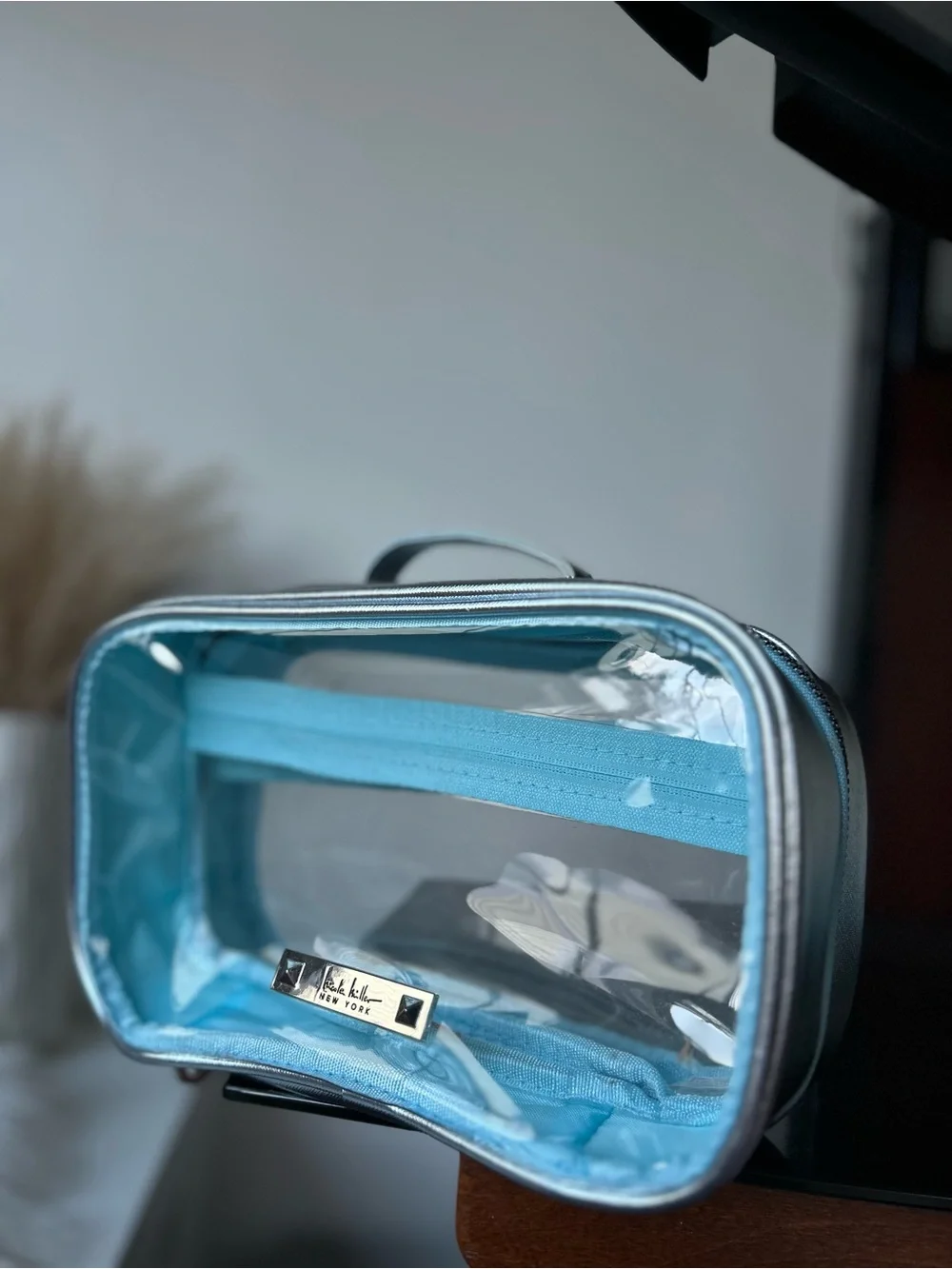 Nicole miller nyc Clear Travel Cosmetic Case with Light Blue Trim